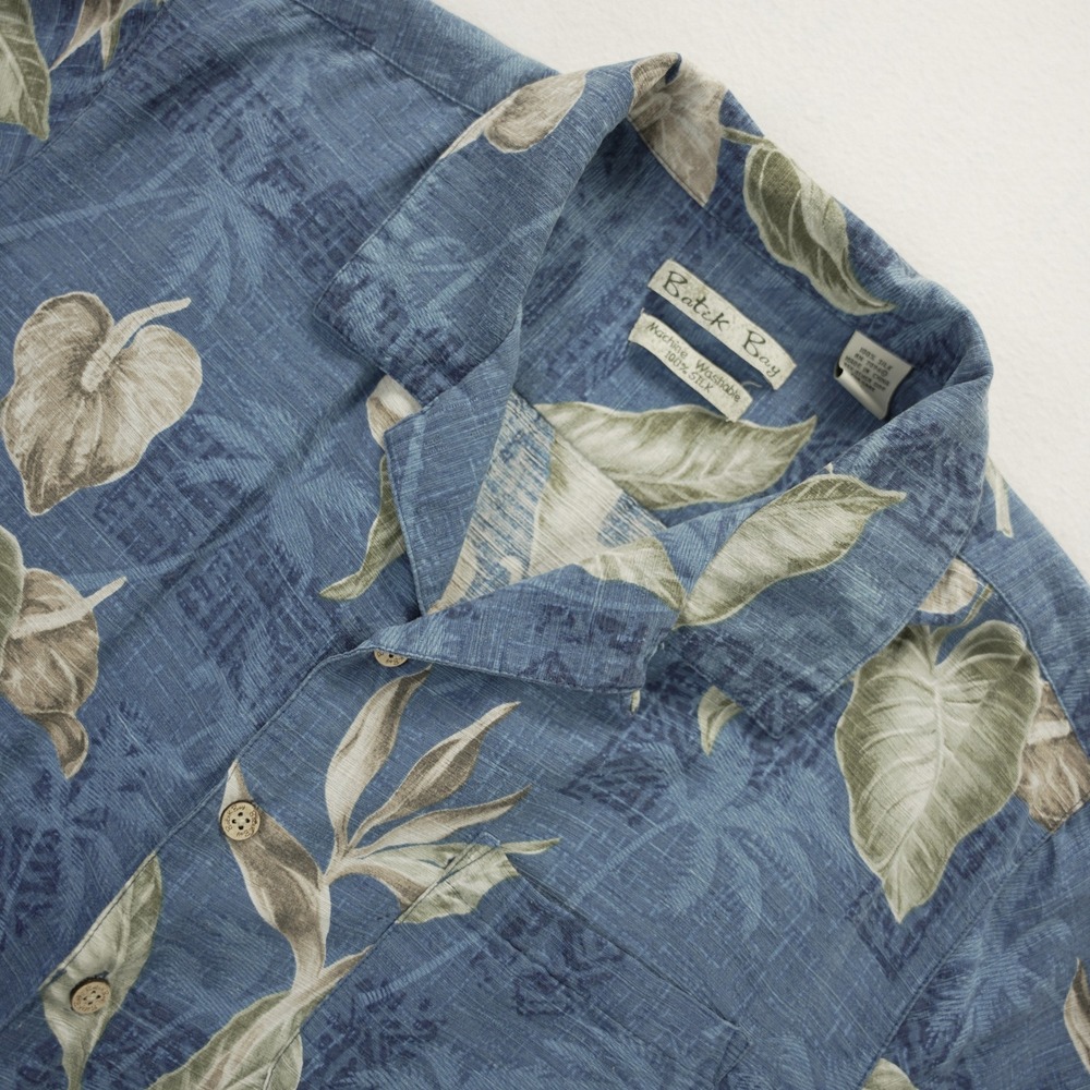 Batik Bay Mens Blue Tropical Leaf Floral 100% Silk Hawaiian Camp Shirt Large